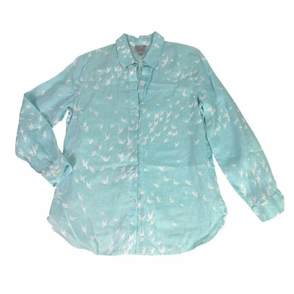 J. Jill XS Light Blue Linen Blouse Bird Print Spots
